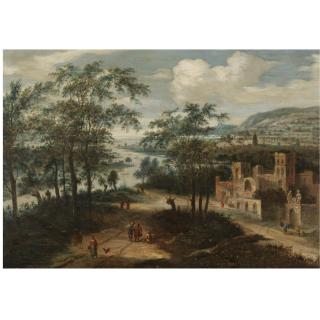 Dionijs Verburgh - A River Landscape With Figures On A Track By A Ruined Monastery