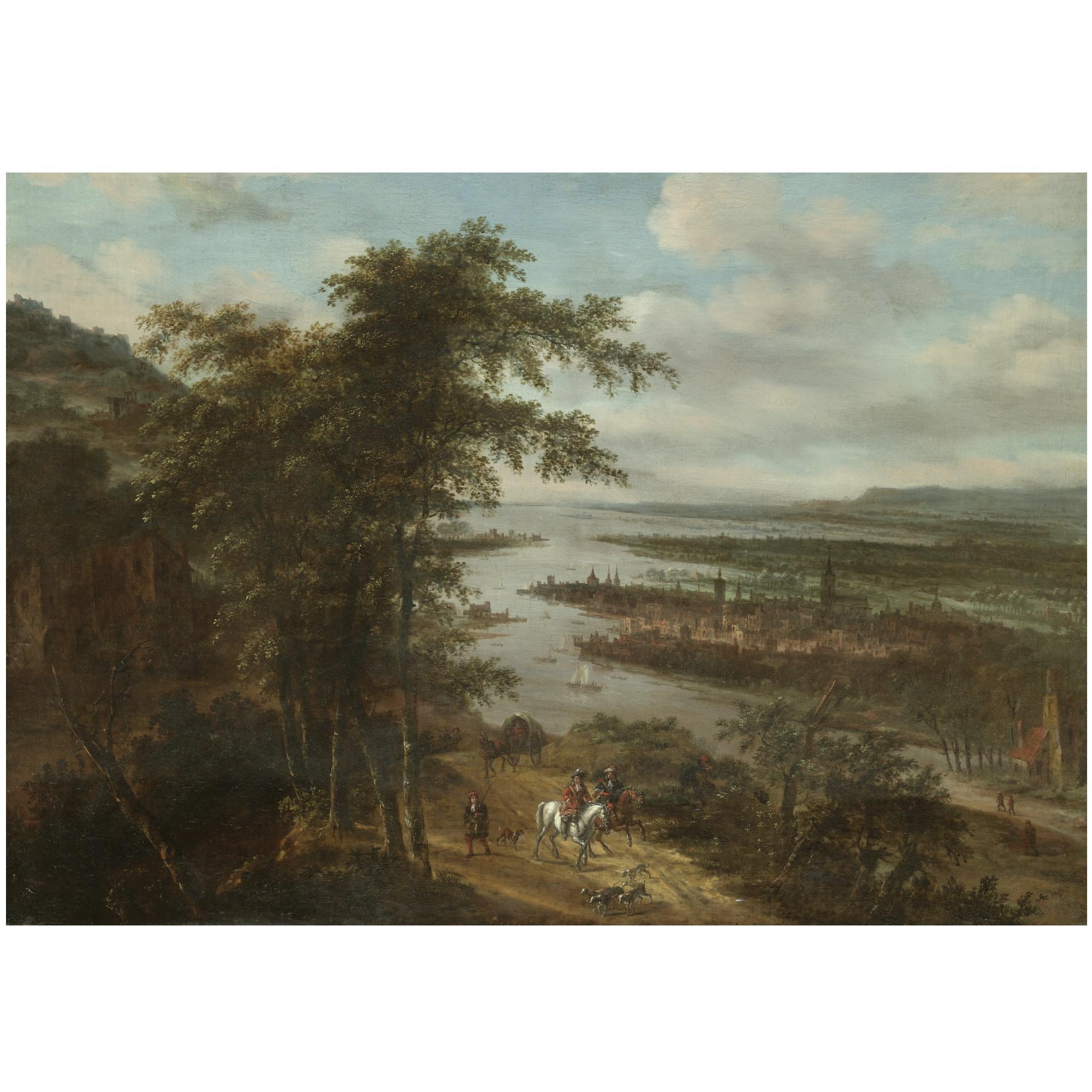 Dionijs Verburgh - An Extensive River Landscape With Huntsmen In The Foreground, A Town Beyond