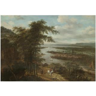 Dionijs Verburgh - An Extensive River Landscape With Huntsmen In The Foreground, A Town Beyond