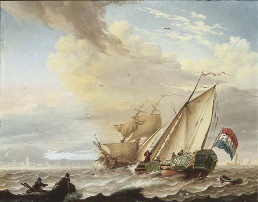 Dionys Van Dongen - A Dutch yacht and a rowing boat in choppy waters, other shipping beyond