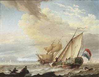 Dionys Van Dongen - A Dutch yacht and a rowing boat in choppy waters, other shipping beyond