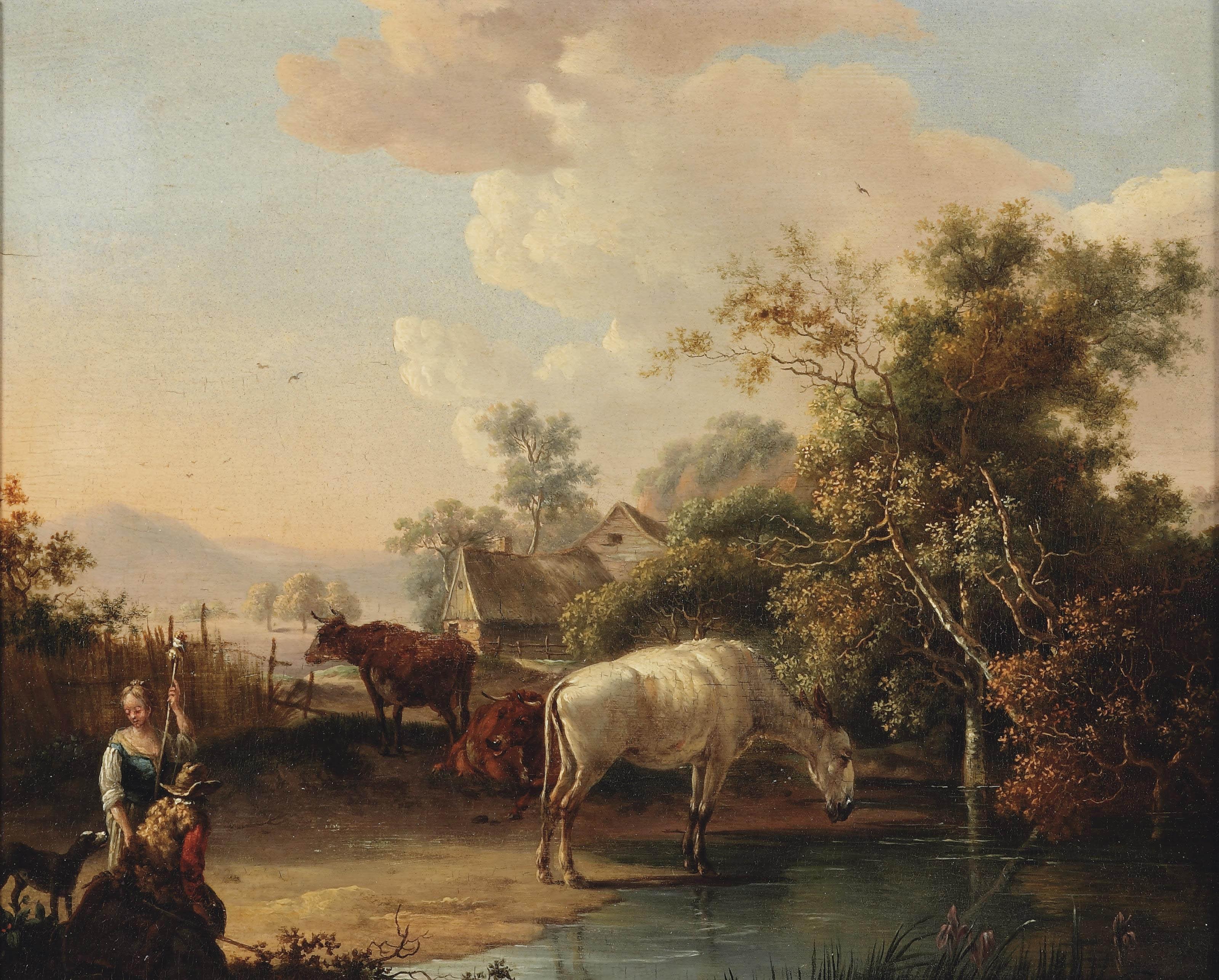 Dionys van Dongen - A hilside landscape with figures and cattle on a path, a farmhouse in the distance