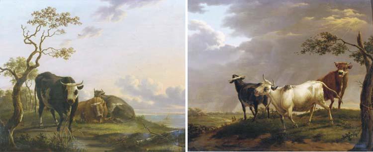 Dionys Van Dongen - Three cows resting in a wooded landscape, sailing vessels in the distance; and Three bulls in a stormy landscape, a town in the distance