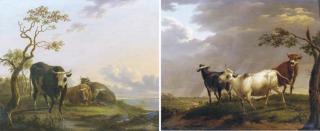 Dionys Van Dongen - Three cows resting in a wooded landscape, sailing vessels in the distance; and Three bulls in a stormy landscape, a town in the distance