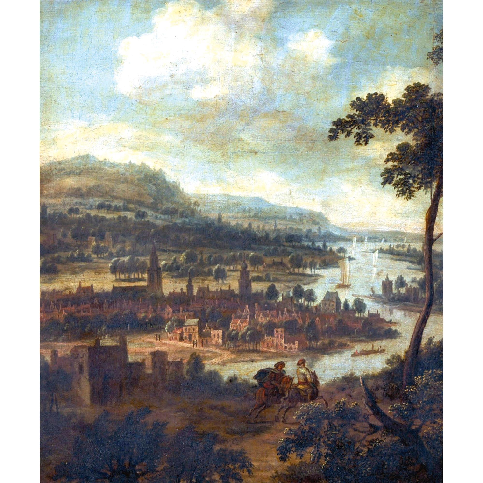 Dionys Verburg - An Extensive River Landscape With Cavaliers Galloping In The Foreground