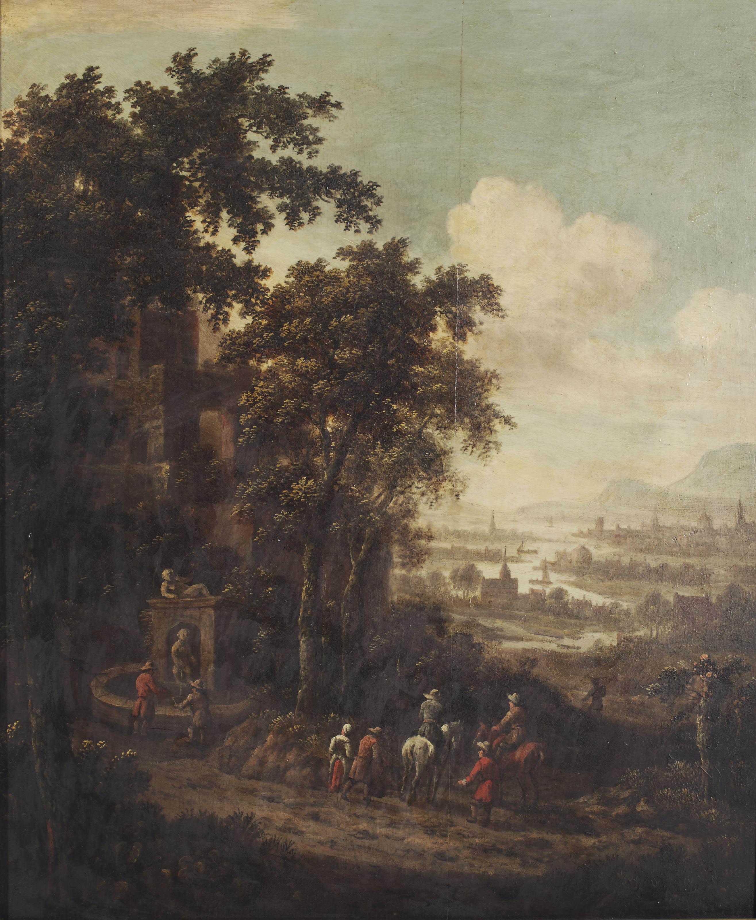 Dionys Verburg - Travellers by a fountain, a river landscape in the distance