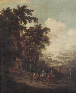 Dionys Verburg - Travellers by a fountain, a river landscape in the distance