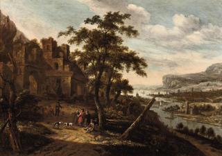 Dionys Verburgh - An extensive Rhine landscape with figures conversing outside a town gate