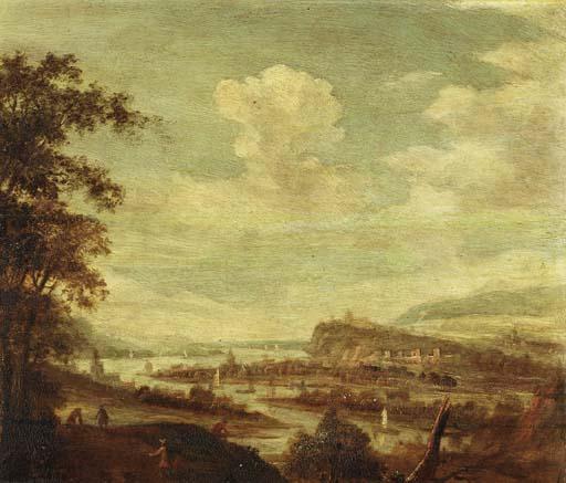 Dionys Verburgh - An extensive river landscape with sailboats