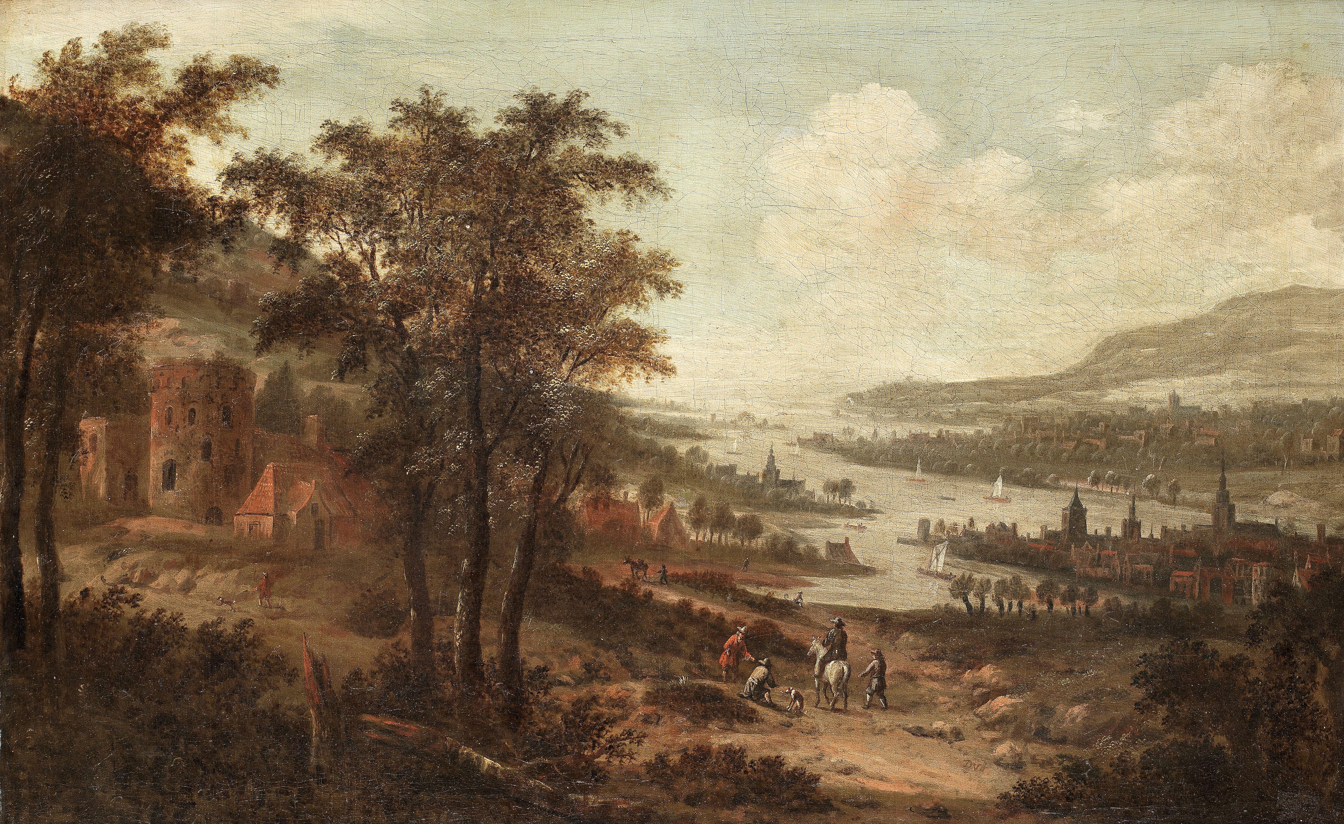 Dionys Verburgh - An extensive River landscape with travellers on a country path