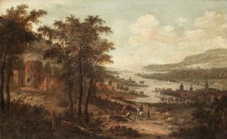 Dionys Verburgh - An extensive River landscape with travellers on a country path