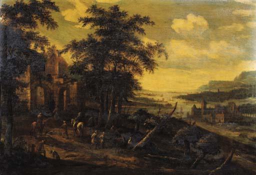 Dionys Verburgh - Travellers and peasants on a road by a ruined mansion, a valley beyond