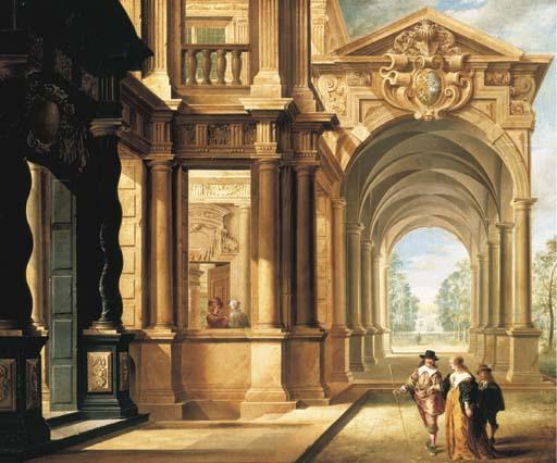 Dirck Christiaensz. van Delen - A fantastical palace with an elegant couple walking in front of a portico