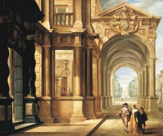 Dirck Christiaensz. van Delen - A fantastical palace with an elegant couple walking in front of a portico