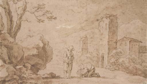 Dirck Dircksz. Santvoort - Deux paysans dans un paysage, un village dans le fond