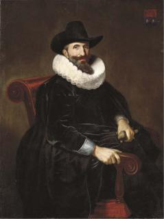 Dirck Dircksz. Santvoort - Portrait of Elias van Cuelen (c. 1585-c. 1652), seated, three-quarter-length, in a black velvet doublet with a white lace ruff and a black hat, holding gloves in his left hand