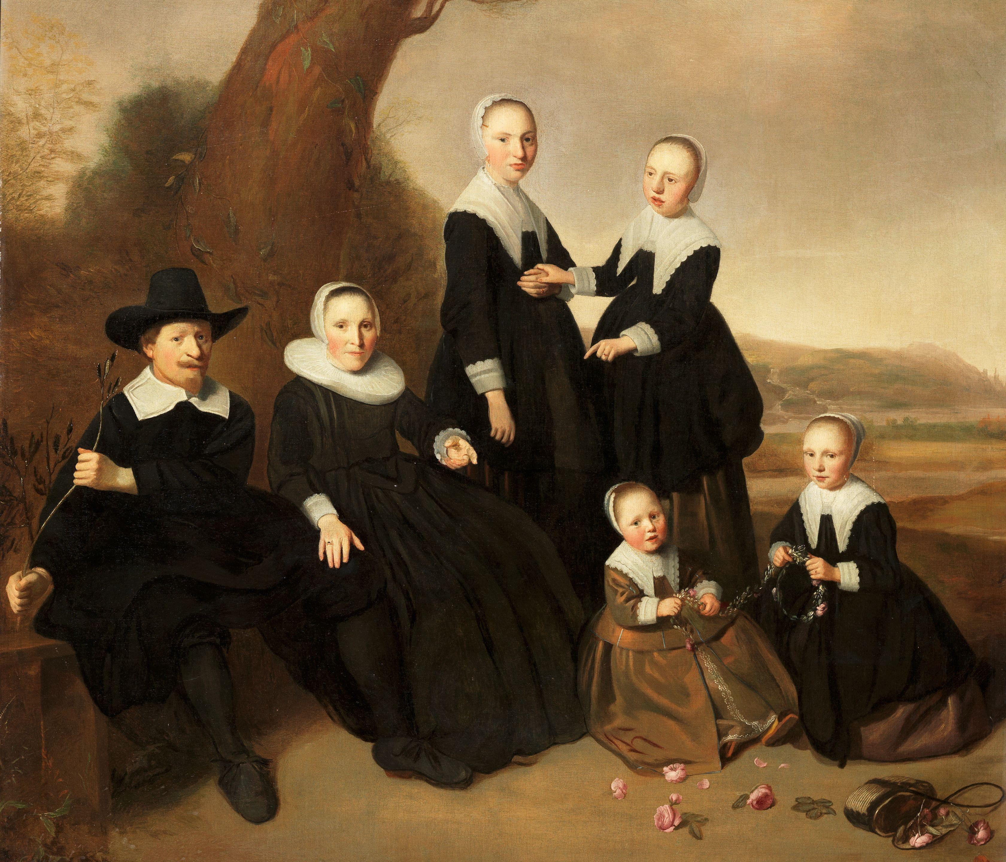 Dirck Dircksz. Van Santvoort - A Group Portrait Of A Gentleman And His Wife, Seated Full-Lengths, With Their Four Daughters, In Black Costume, The Youngest Two Seated Making Garlands Of Flowers, In A Landscape