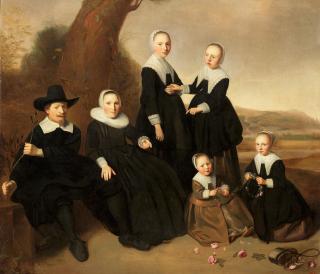 Dirck Dircksz. Van Santvoort - A Group Portrait Of A Gentleman And His Wife, Seated Full-Lengths, With Their Four Daughters, In Black Costume, The Youngest Two Seated Making Garlands Of Flowers, In A Landscape