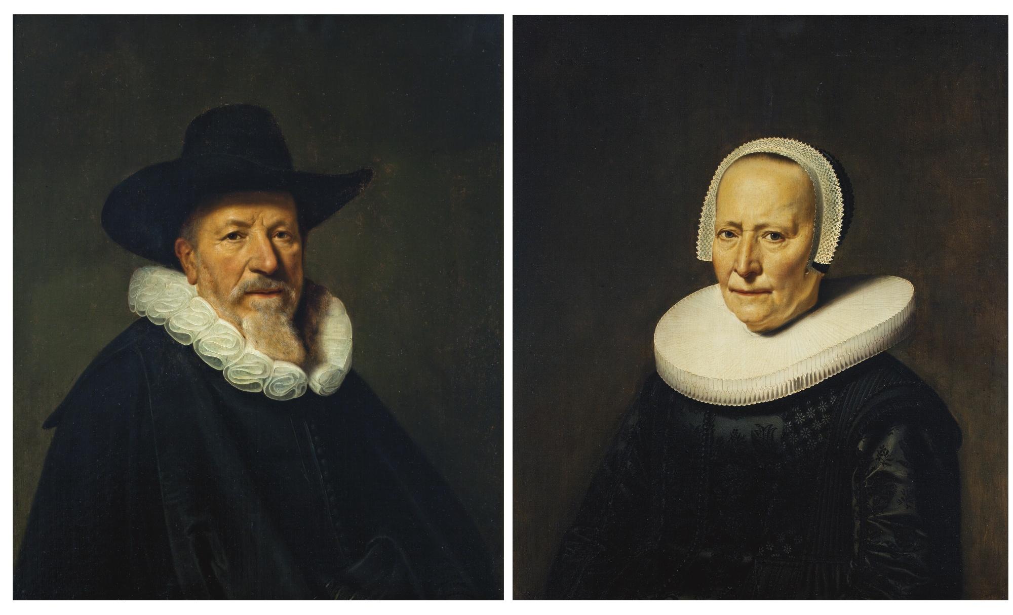 Dirck Dircksz. van Santvoort - Portrait Of A Bearded Gentleman, Possibly A Member Of The Valckenier Family, Bust-Length, Wearing A Hat; Portrait Of His Wife, Bust-Length, Wearing An Embroidered Black Dress
