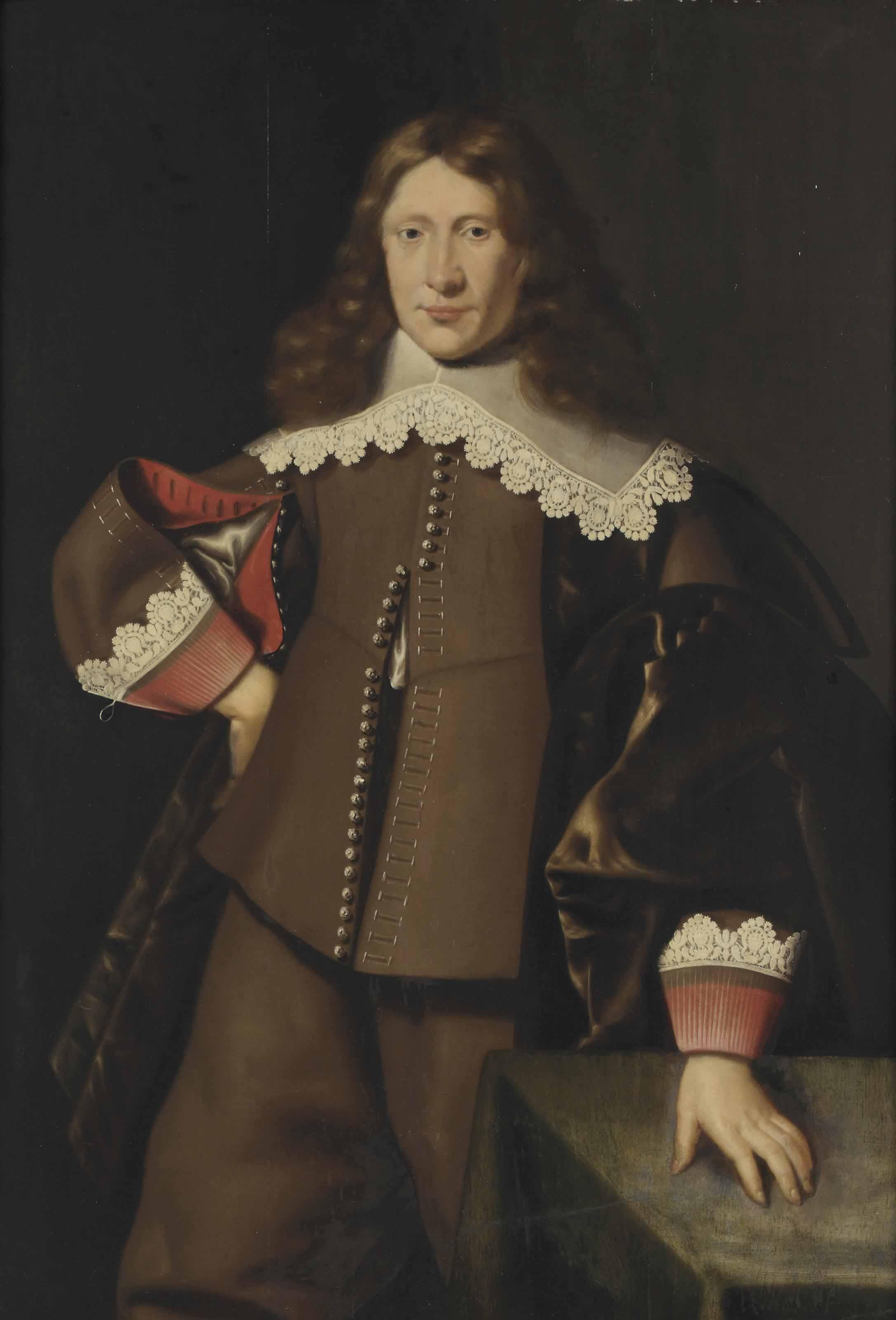 Dirck Dircksz. Van Santvoort - Portrait Of A Gentleman, Three-Quarter-Length, In A Brown Costume With Red Cuffs And A White Lace Collar, His Left Hand On A Table