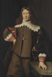 Dirck Dircksz. Van Santvoort - Portrait Of A Gentleman, Three-Quarter-Length, In A Brown Costume With Red Cuffs And A White Lace Collar, His Left Hand On A Table