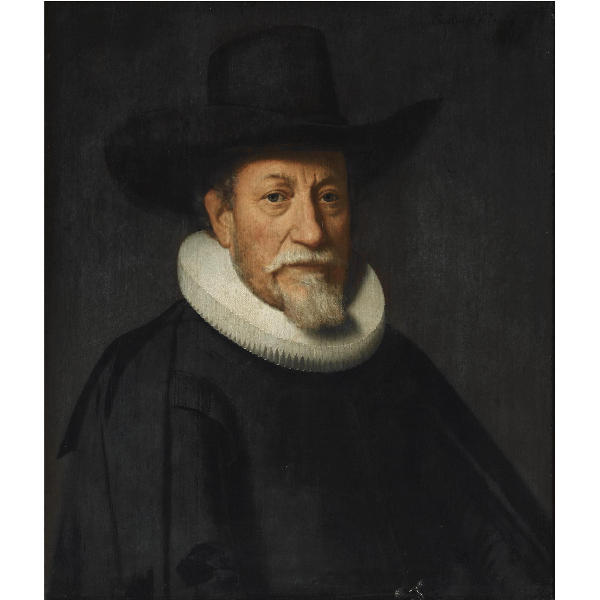 Dirck Dircksz. van Santvoort - Portrait Of A Gentleman With A White Goatee, Bust Length, Wearing A Black Suit With A Molensteenkraag And A Black Hat