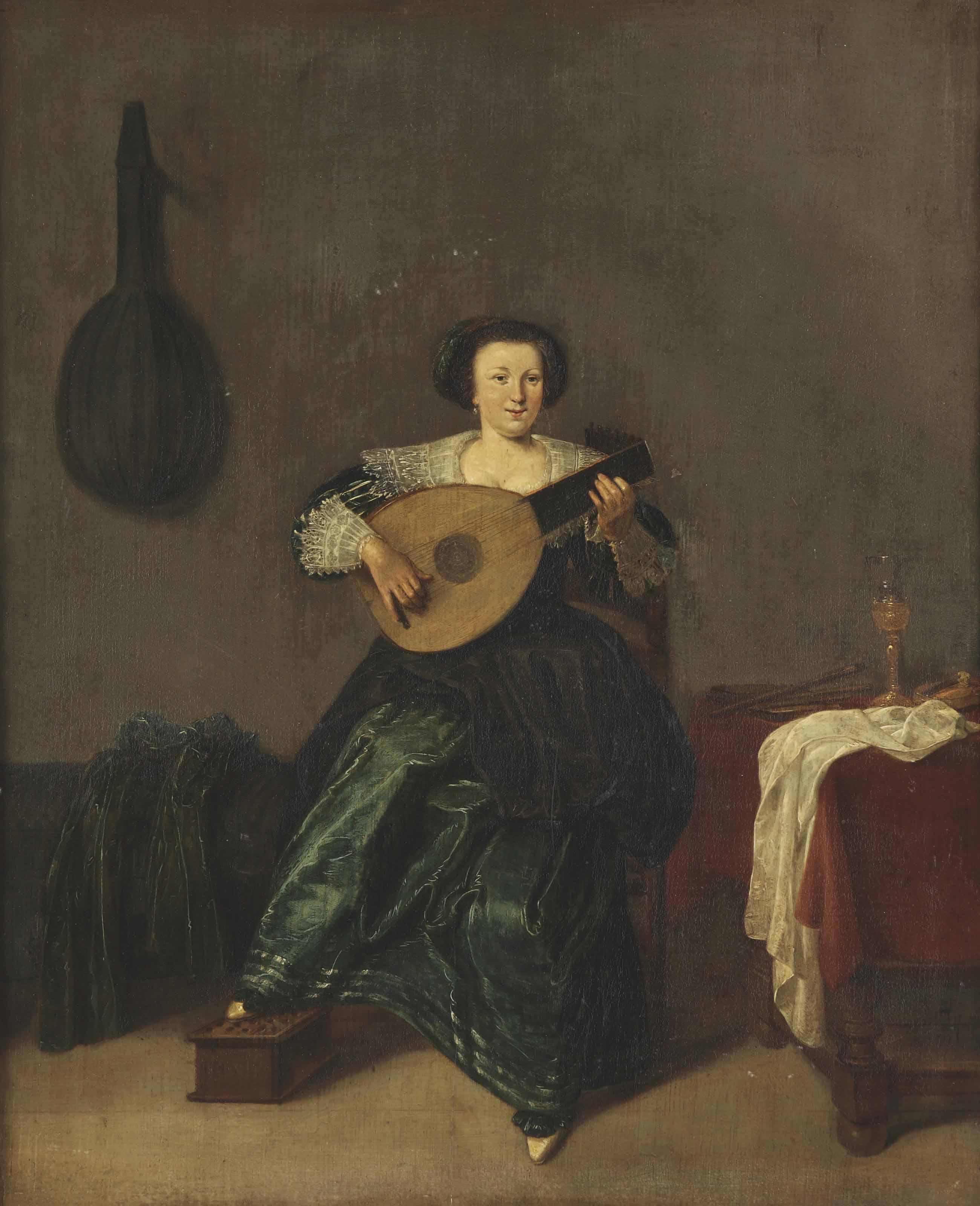 Dirck Hals - An elegant lady in a green dress playing a lute in an interior