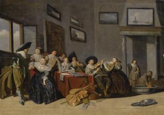 Dirck Hals - An Interior Scene With Cavaliers And A Group Of Ladies Playing Music Around A Table, With Two Figures Preparing To Serve Wine At The Right