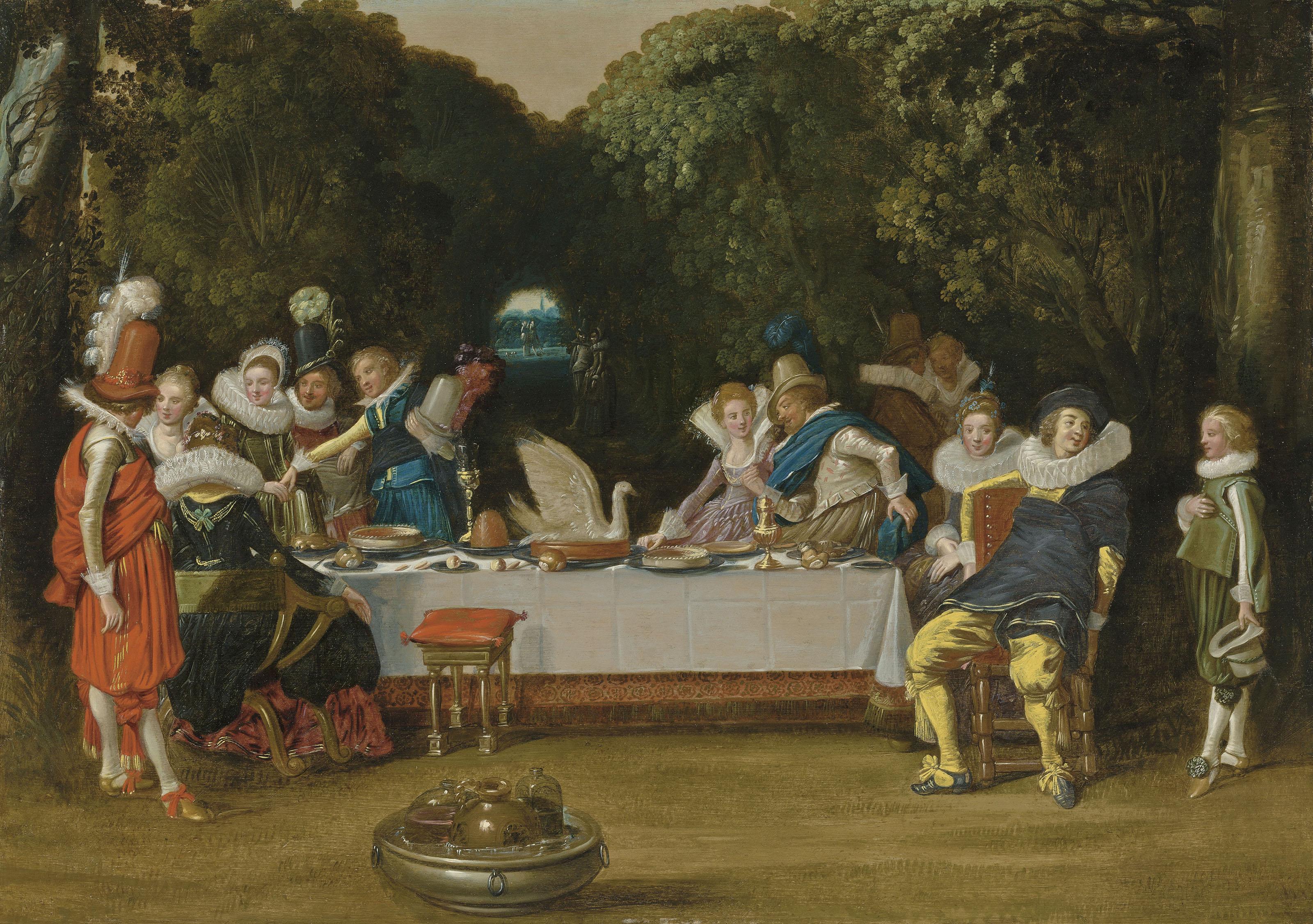 Dirck Hals - Elegant figures feasting in a garden