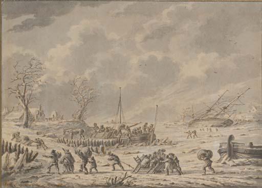 Dirck Langendijk - A Winter Landscape With Figures Unloading Goods From A Boat, With A Shipwreck In A Frozen River Beyond