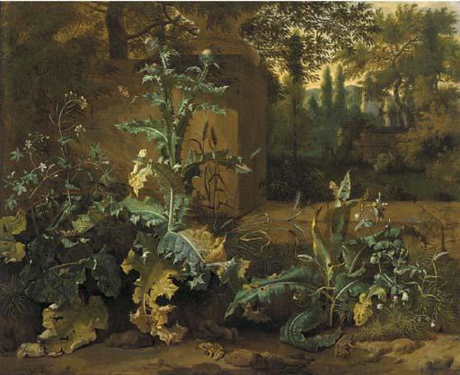 Dirck Maas - Frogs, butterflies and snails amid undergrowth near a wall, an Italianate garden beyond