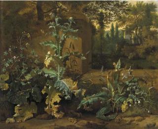 Dirck Maas - Frogs, butterflies and snails amid undergrowth near a wall, an Italianate garden beyond