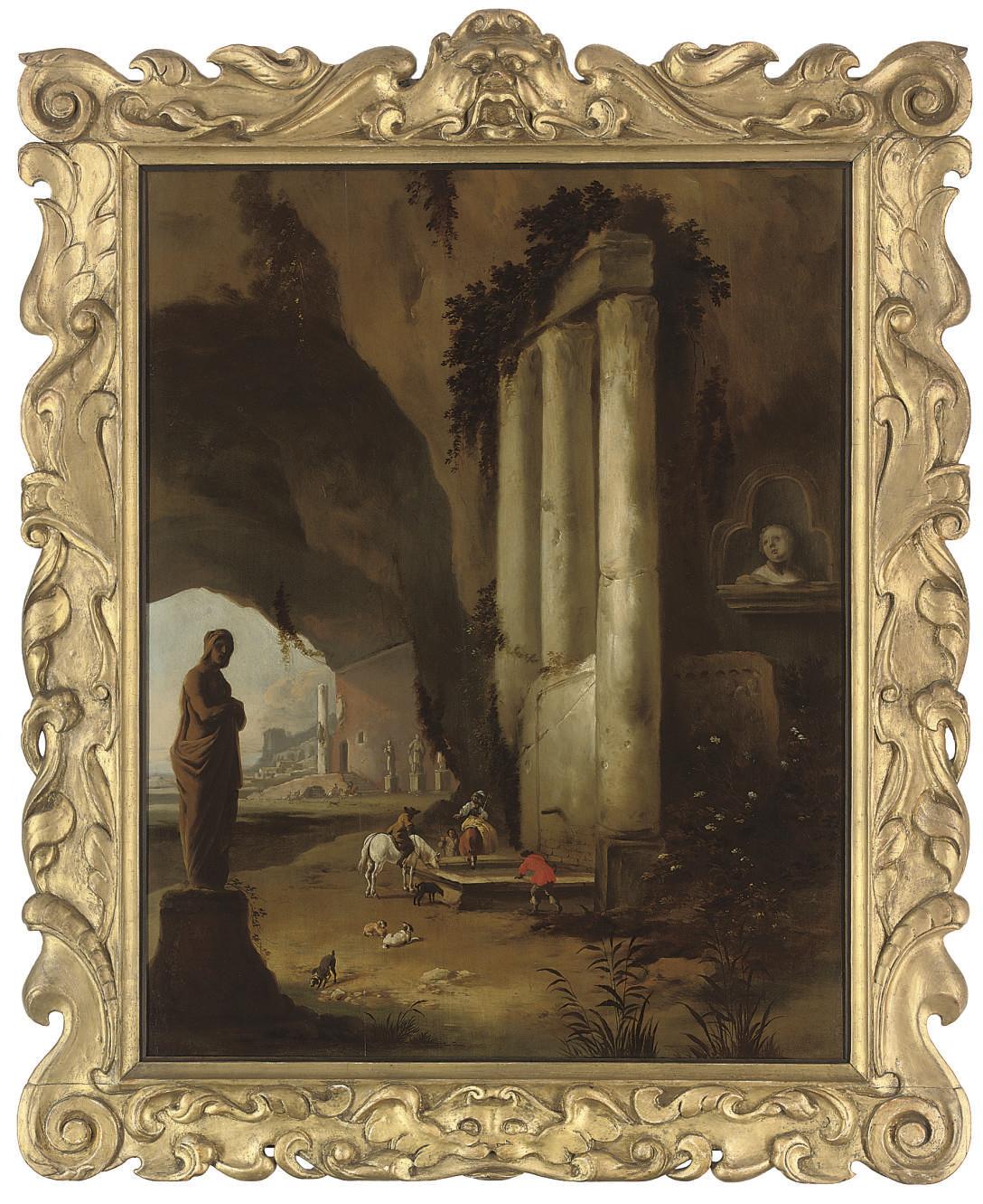 Dirck Stoop - A capriccio of Roman ruins with travellers and their horses at rest