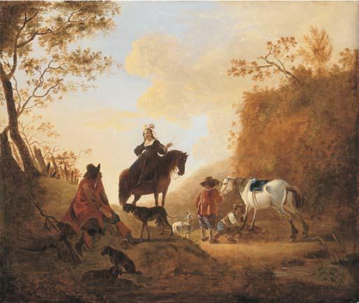 Dirck Stoop - A landscape with hunters resting by a path