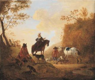 Dirck Stoop - A landscape with hunters resting by a path