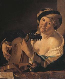 Dirck van Baburen - A Woman Playing The Lute, A Violin, Flute And Music On A Draped Ledge Before Her