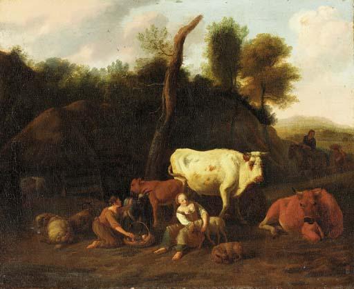 Dirck Van Bergen - A farmyard landscape with drovers