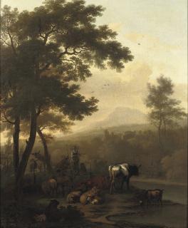 Dirck Van Bergen - A wooded river landscape with a peasant couple and their cattle