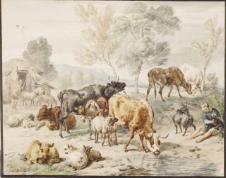 Dirck van Bergen - Cattle And Peasants By A Stream