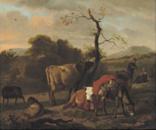 Dirck Van Bergen - Cows, sheep and a donkey in a landscape