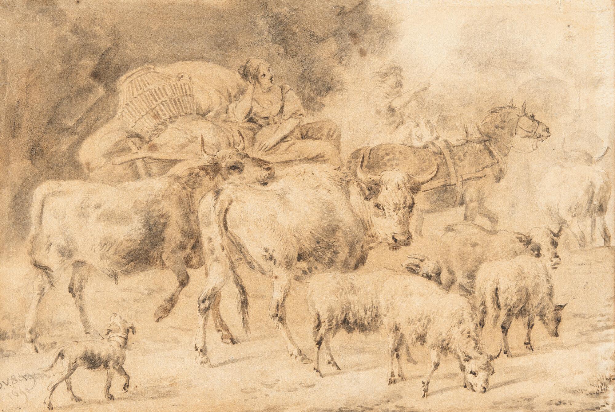 Dirck van Bergen - Herde mit Kühen und Schafen mit einem Pferdewagen