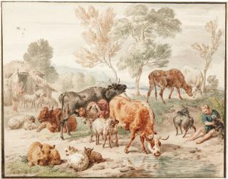 Dirck Van Bergen - Herders And Their Animals By A Stream