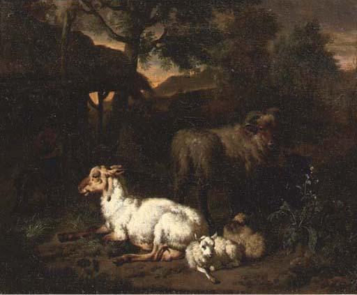 Dirck van Bergen - Sheep resting in a wooded landscape and a shepherdess with her dog in front of a cottage