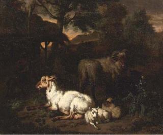 Dirck van Bergen - Sheep resting in a wooded landscape and a shepherdess with her dog in front of a cottage