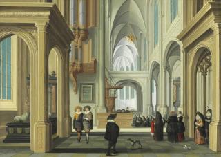 Dirck Van Delen - A church interior with elegant company attending a christening