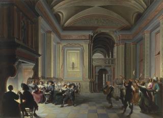 Dirck Van Delen - A Palatial Interior With Figures Dining And Carnival Revellers In The Foreground