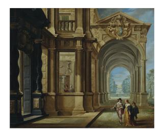 Dirck Van Delen - An architectural capriccio with an elegant couple strolling before a portico