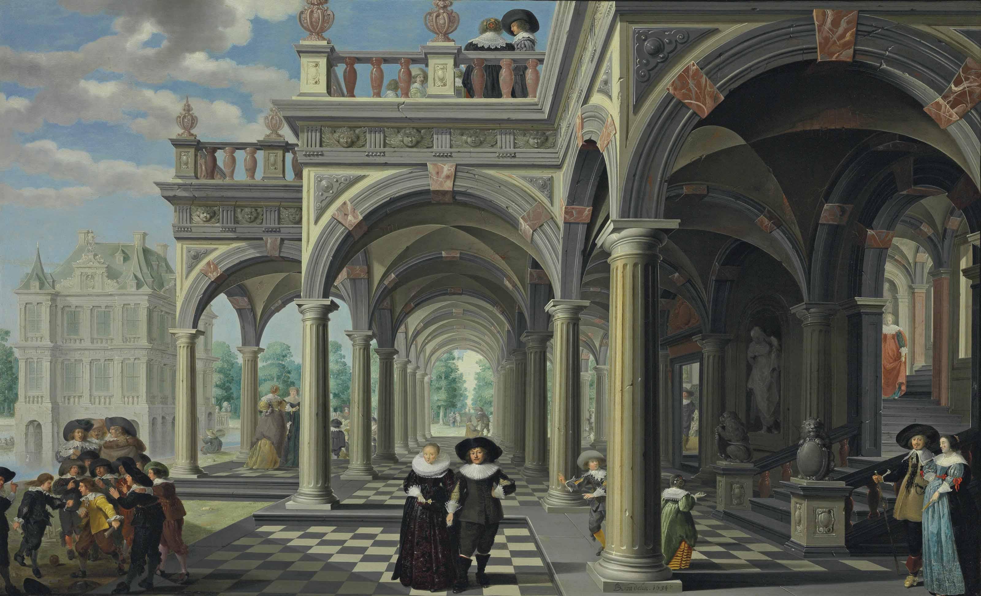 Dirck Van Delen - An architectural capriccio with figures promenading and boys arguing over a game of skittles