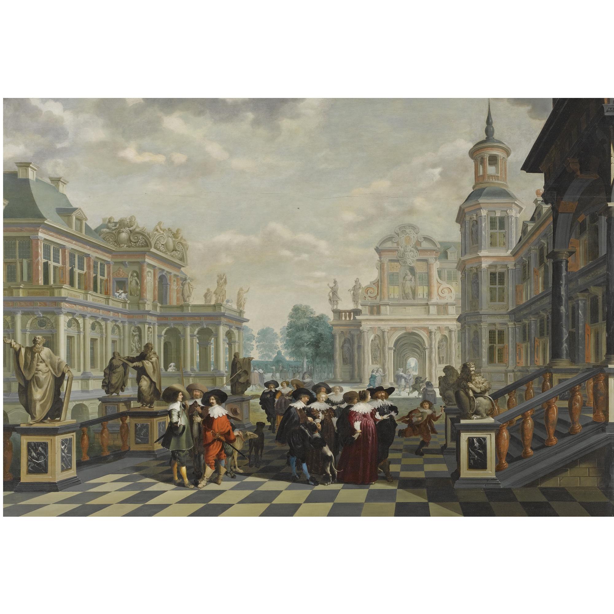 Dirck Van Delen - An Elaborate Palace Courtyard With Elegant Company Proceeding Towards A Great Staircase, With Four Sculpted Philosophers On Pedestals Behind Them