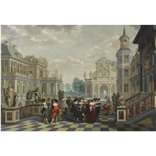 Dirck Van Delen - An Elaborate Palace Courtyard With Elegant Company Proceeding Towards A Great Staircase, With Four Sculpted Philosophers On Pedestals Behind Them